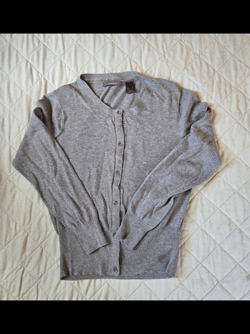 Liz Claiborne Gray Button-Front Lightweight Cardigan With Velvet Trim